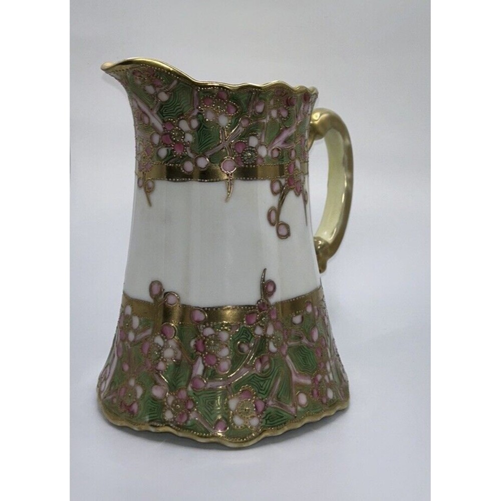 Vintage Nippon Hand Painted Moriage Pitcher Gold Rose Floral Scalloped Rim RARE